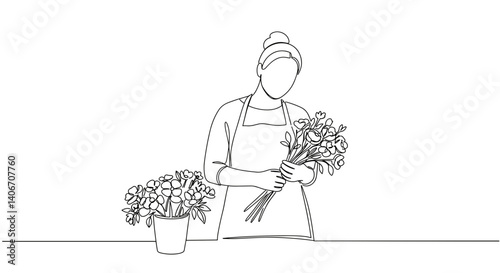 Florist arranging flowers in workshop with plants background
