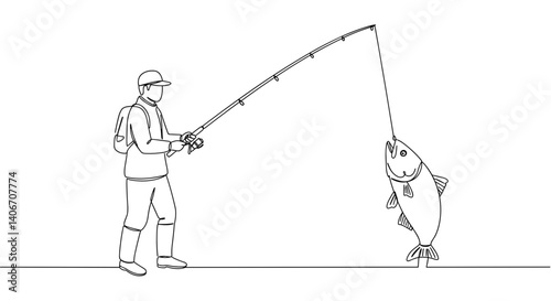 Fisherman catching fish with fishing rod on plain background