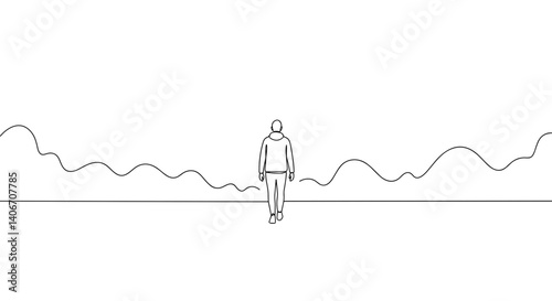 Person standing against abstract wavy landscape