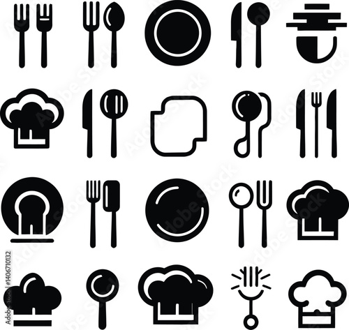 Minimalist kitchen icons, flat design, cutlery silhouettes, fork spoon knife, chef's hat, plate setting, restaurant symbols on white background