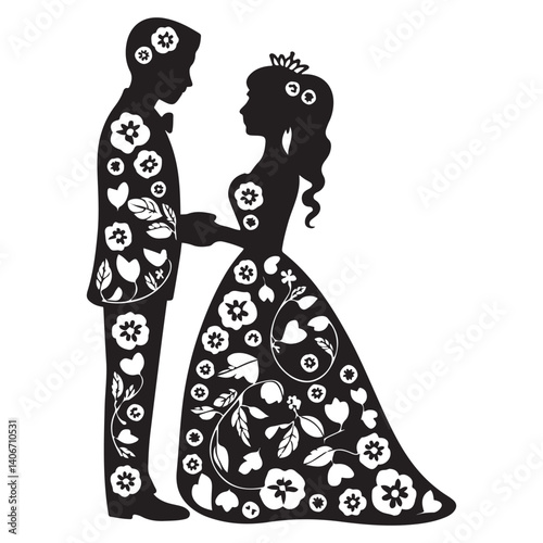 Bride and groom pattern Vector Black silhouettes. with white background