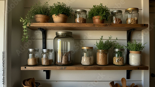 Rustic Kitchen Shelves with Plants and Jars