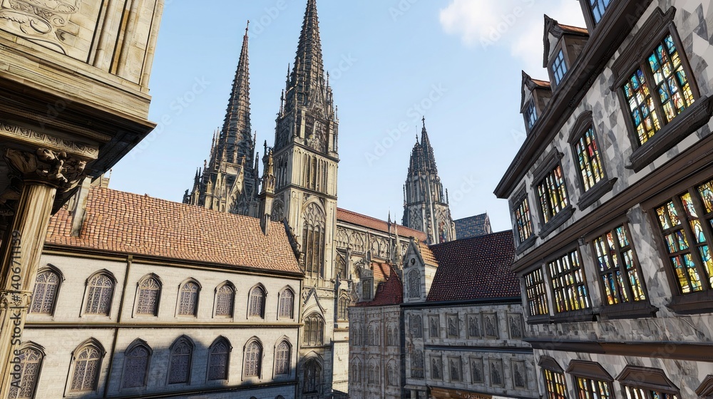 Fototapeta premium Medieval European Cityscape with Cathedral