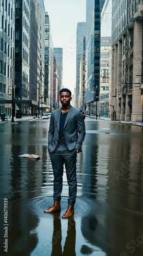 Young man in suit stands in flooded urban street, surrounded by modern architecture, water reflection, and conceptual symbolism