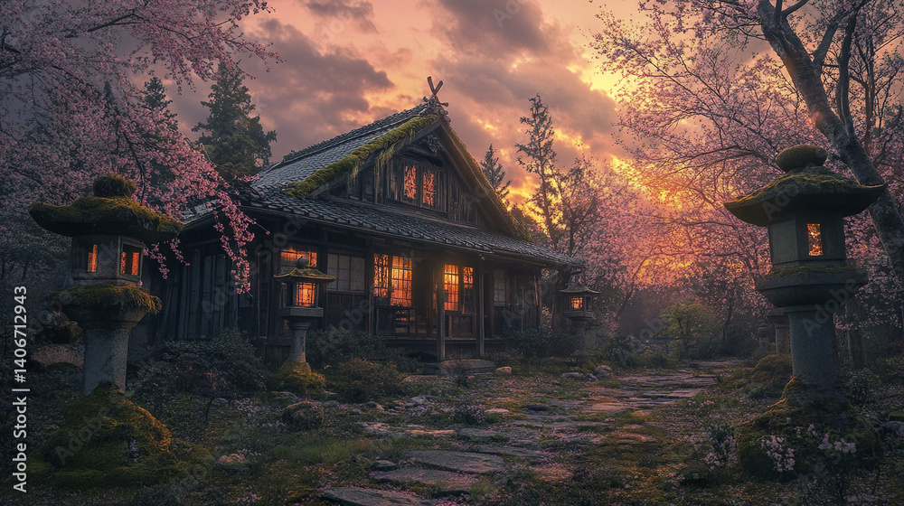 Obraz premium serene Japanese house with cherry blossoms at sunset, surrounded by stone lanterns