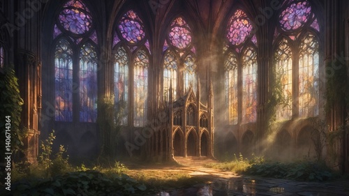 Mysterious female sorceress in a dark hooded cloak standing in ancient ruins, glowing purple eyes and intricate magical runes on her chest, wielding a staff radiating arcane energy surrounded by float