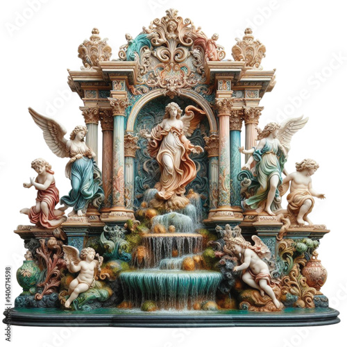 European colorful Stone Fountain With Sculpted Angels And Flowing Water