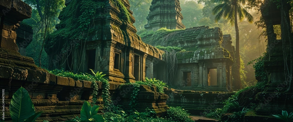 Fototapeta premium Ancient Stone Temple Ruins Overgrown with Lush Tropical Vegetation in Misty Jungle