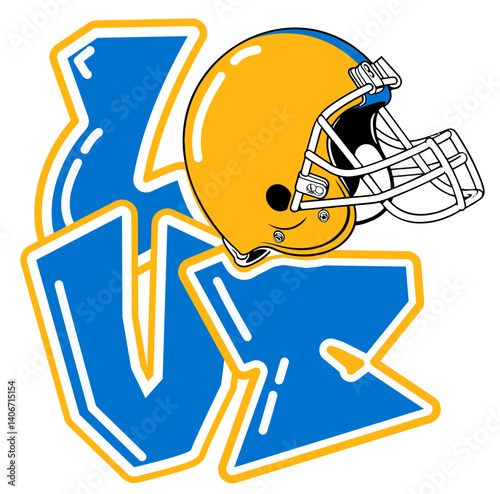 love - Powder Blue and Sunshine Gold yellow football player helmet, sport vector graphics, for street art - graffiti lettering typography - art illustration - multicolor - writen	