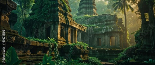Ancient Stone Temple Ruins Overgrown with Lush Tropical Vegetation in Misty Jungle