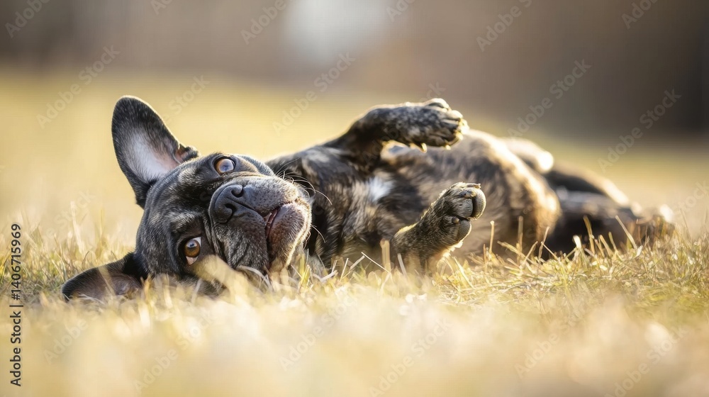 A playful French bulldog rolls happily on green grass in a sunlit park. The dog relaxes, enjoying the warmth and the fresh air, showcasing its playful spirit in a beautiful spring setting A playful French bulldog rolls happily on green grass in a sunlit park. The dog relaxes, enjoying the warmth and the fresh air, showcasing its playful spirit in a beautiful spring setting