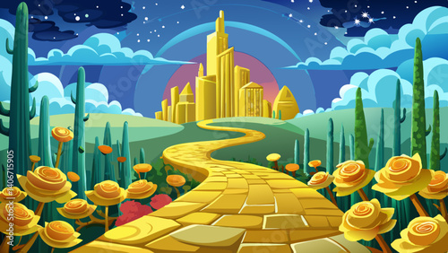 Enchanted yellow brick road leading to the magical emerald city in winter season with beautiful roses