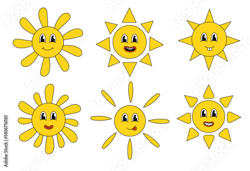 Smiling Faces Sun icon set in groovy style. Vector flat illustration.