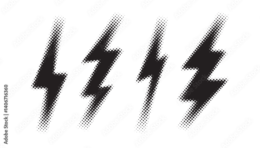 Halftone grunge lightning bolts set. black dotted flash thunderbolt. dotted thunder bolt symbol collection