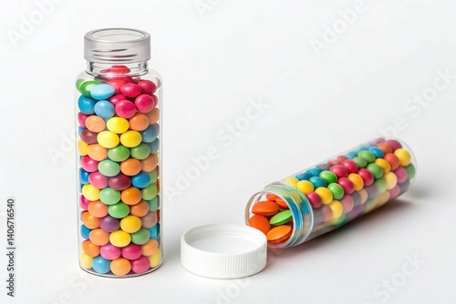 A bottle of colorful pills with a tube of multicolored pills Isolated on white background