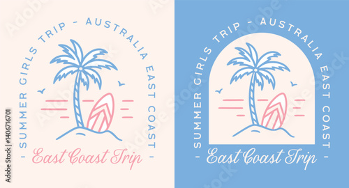 Australia east coast summer girls trip surf blue pink aussie girl aesthetic coastal beach lover sticker badge. Retro vintage boho girly quotes printable besties matching shirt design poster print.
