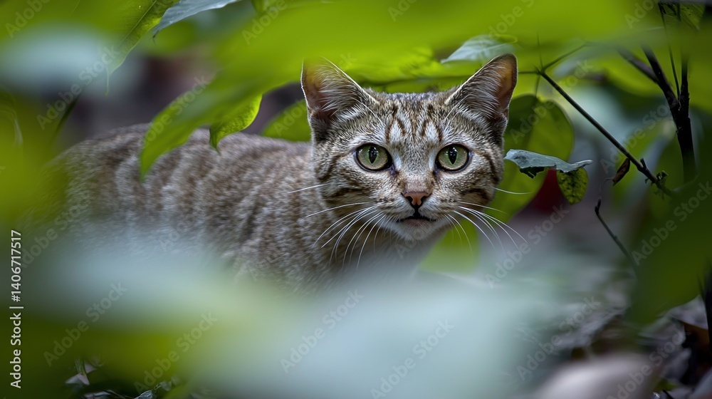 Fototapeta premium A tabby cat peeks through foliage