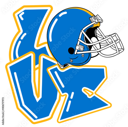 love - Powder Blue and Sunshine Gold yellow football player helmet, sport vector graphics, for street art - graffiti lettering typography - art illustration - multicolor - writen	