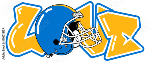 love; word written with Powder Blue and Sunshine Gold yellow football helmet instead of O; sport vector graphic for street art;