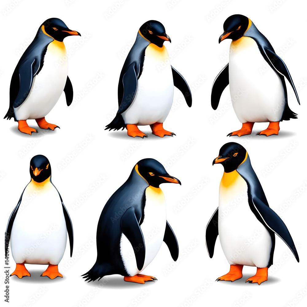 Fototapeta premium Set of Six Realistic Emperor Penguins