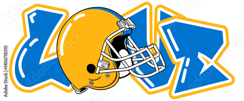 love - Powder Blue and Sunshine Gold yellow football player helmet, sport vector graphics, for street art - graffiti lettering typography - art illustration - multicolor - writen	