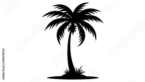 Vector Silhouette of a Tropical Palm Tree with Grass on White Background