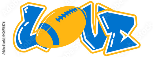 love; word written with Powder Blue and Sunshine Gold yellow football ball instead of O; sport vector graphic for street art;
