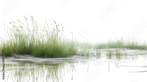 Marshy Plain with Wet Grass and Water Reflections Photorealistic on White Background Transparent Background