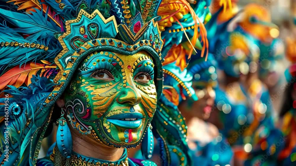 portrait of a dancer in a bright carnival costume with feathers and sparkles, a festive parade on the streets of Rio de Janeiro. Tourism, entertainment, culture portrait of a dancer in a bright carnival costume with feathers and sparkles, a festive parade on the streets of Rio de Janeiro. Tourism, entertainment, culture