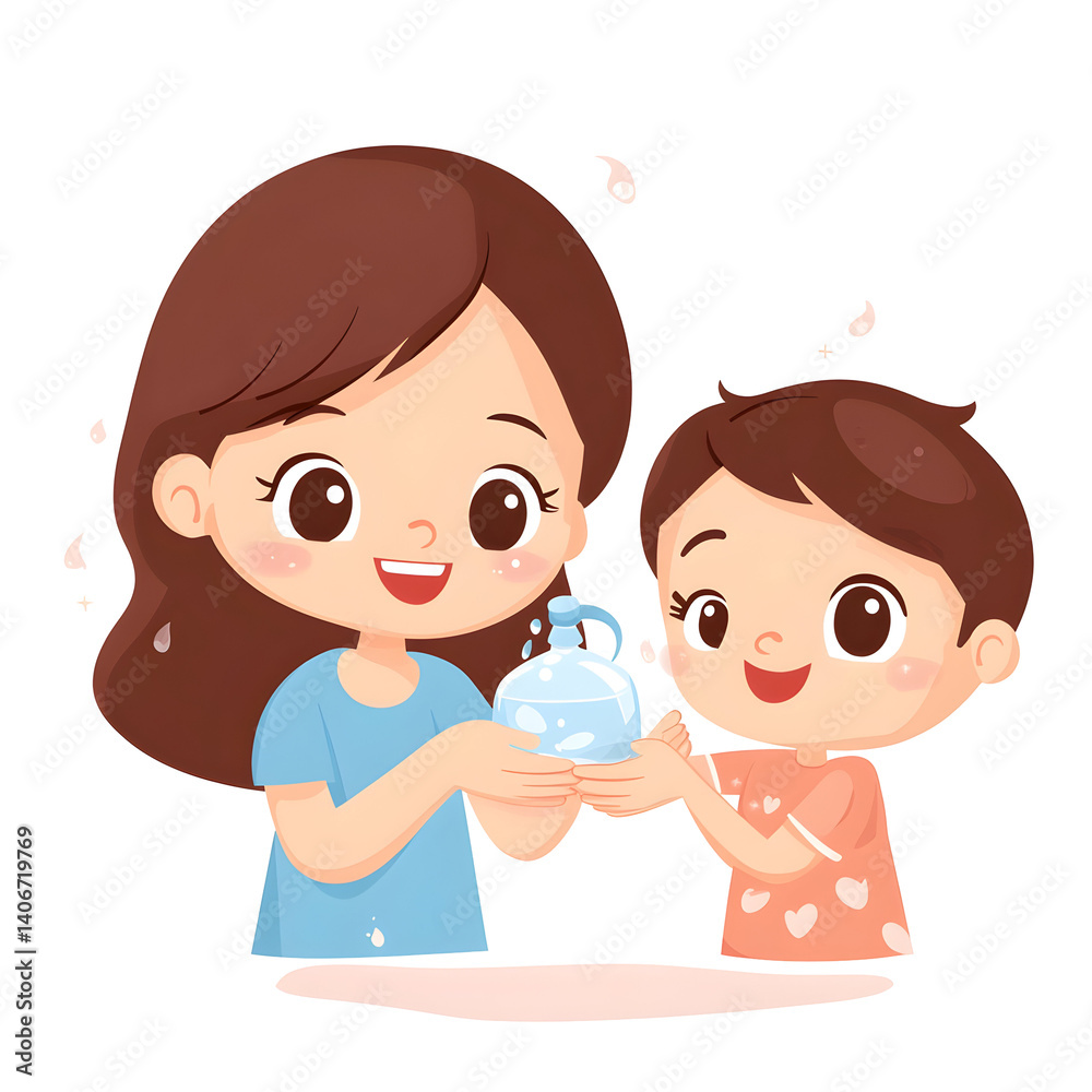 Happy Mother And Son Holding A Water Pitcher Happy Mother And Son Holding A Water Pitcher