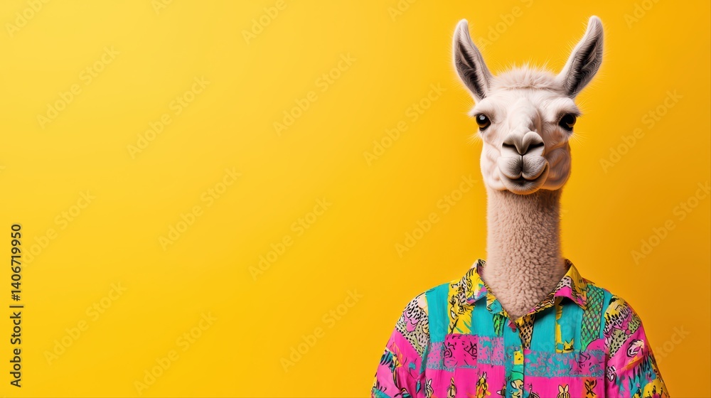 Fototapeta premium Cheerful llama in colorful shirt against yellow background