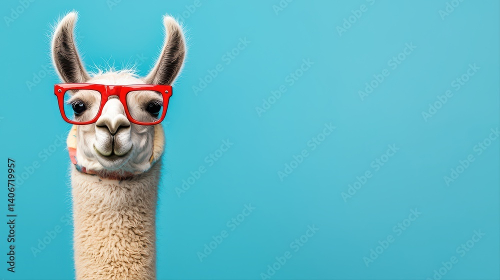 Fototapeta premium Llama wearing red glasses against blue background