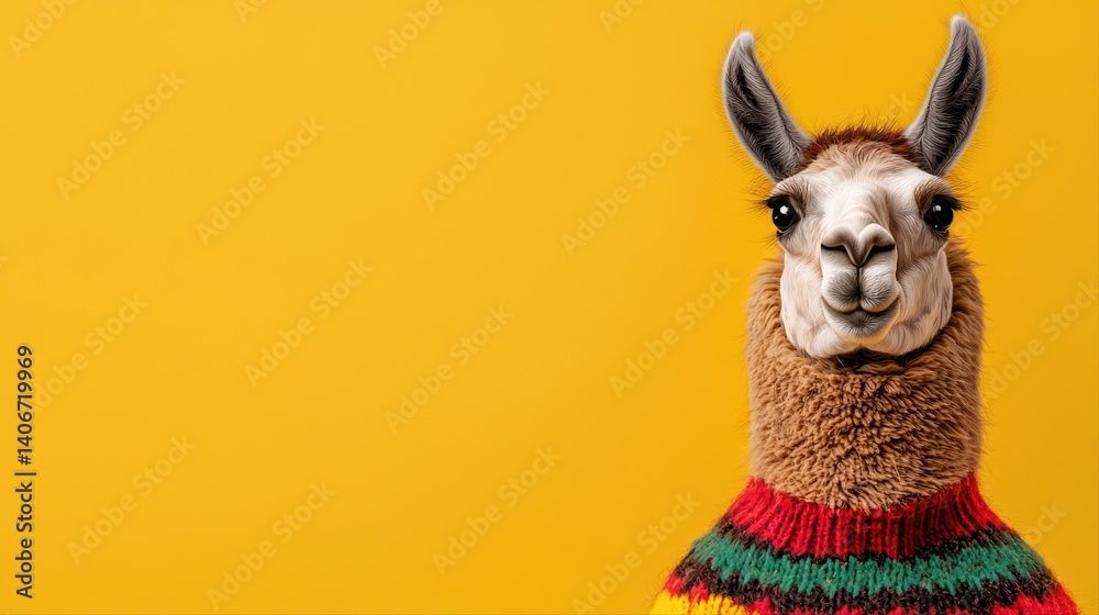 Fototapeta premium Llama in colorful sweater against yellow background
