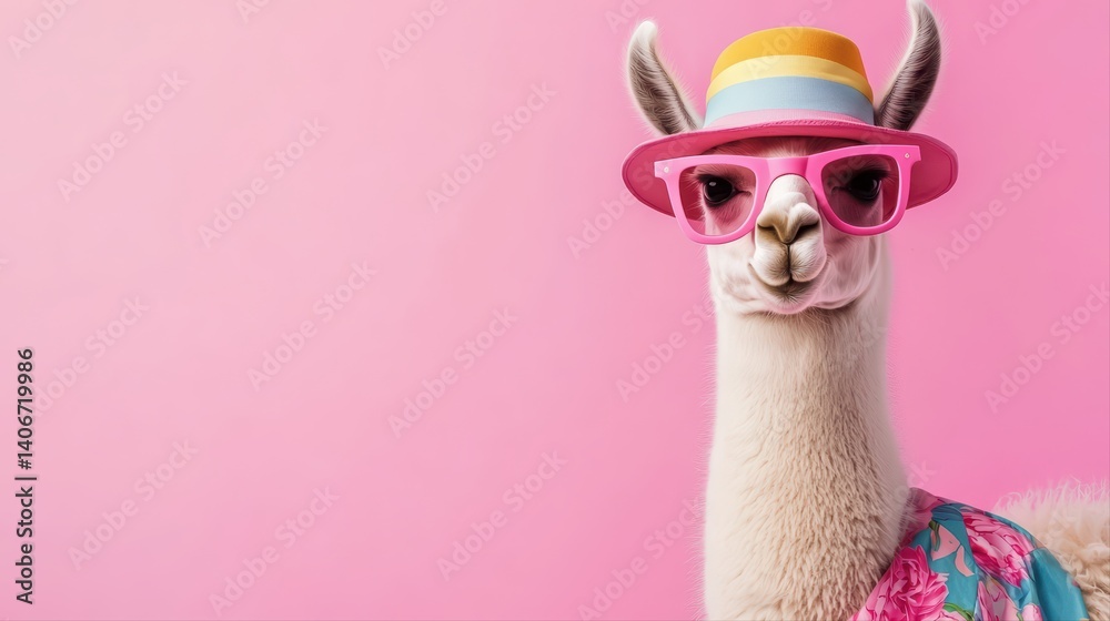 Fototapeta premium Adorable llama in sunglasses and summer hat