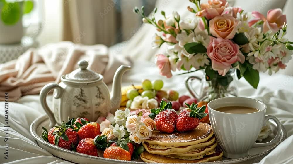 breakfast in bed with tea berries and pancakes on tray placed, concept of slow living, food styling, hospitality marketing