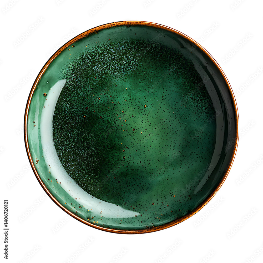 Simple round viridian green ceramic plate viewed from above showing a smooth glossy surface and isolated cleanly on a transparent background with no decoration or shadow