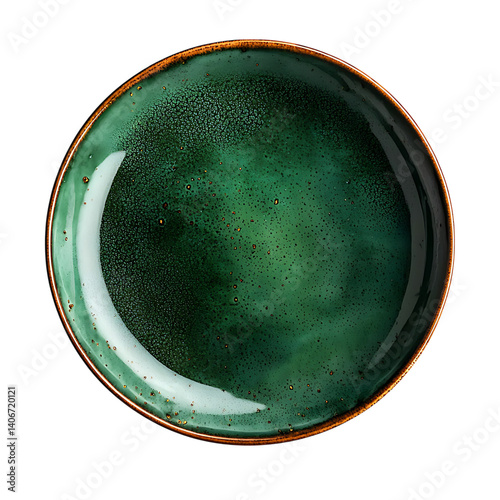 Simple round viridian green ceramic plate viewed from above showing a smooth glossy surface and isolated cleanly on a transparent background with no decoration or shadow