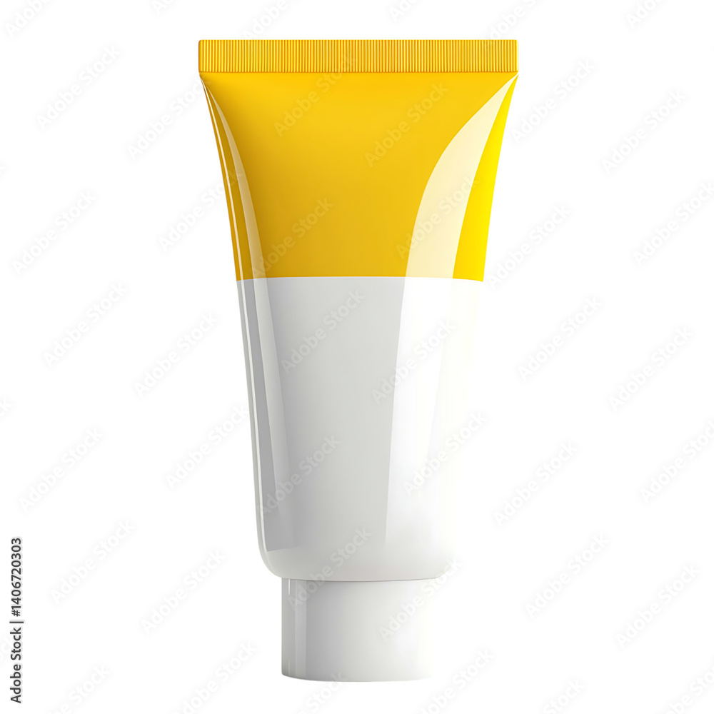 Realistic orange tube of sunscreen with smooth glossy surface and a white screw cap standing upright on a transparent background without any shadows or branding