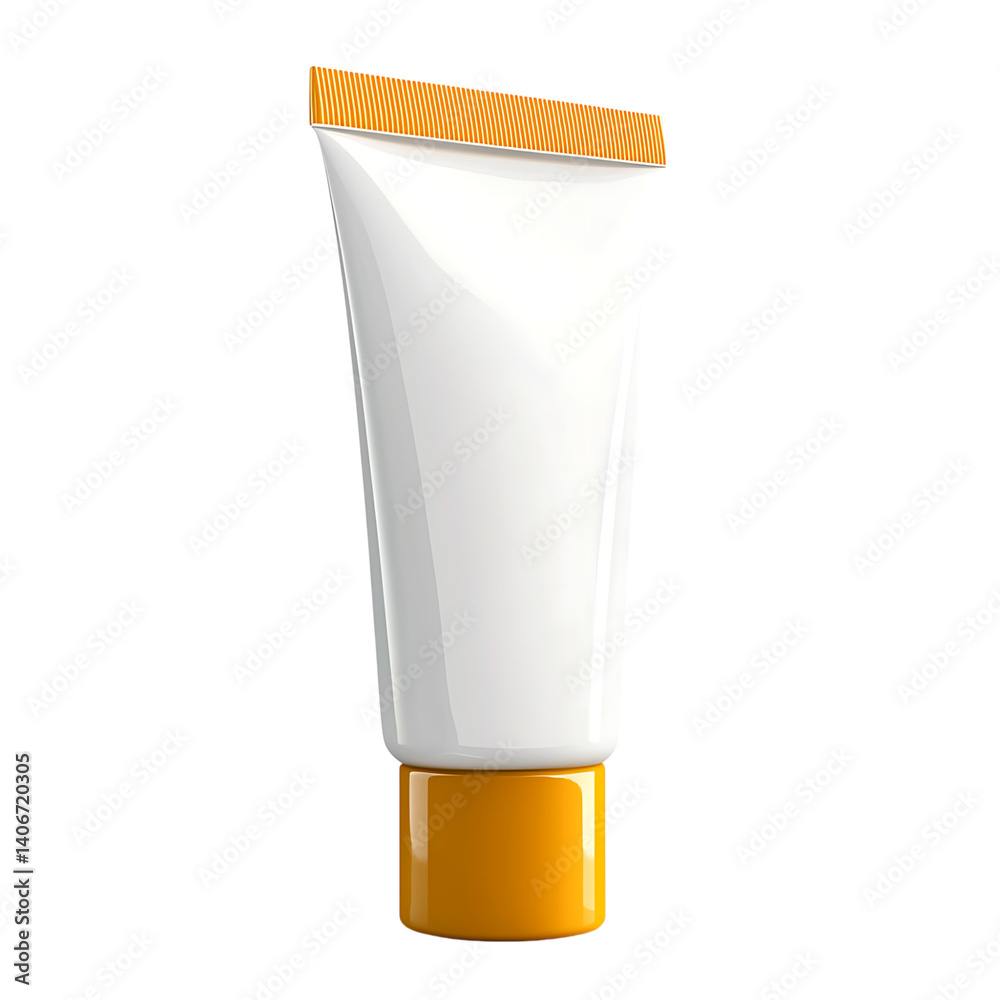 Realistic orange tube of sunscreen with smooth glossy surface and a white screw cap standing upright on a transparent background without any shadows or branding