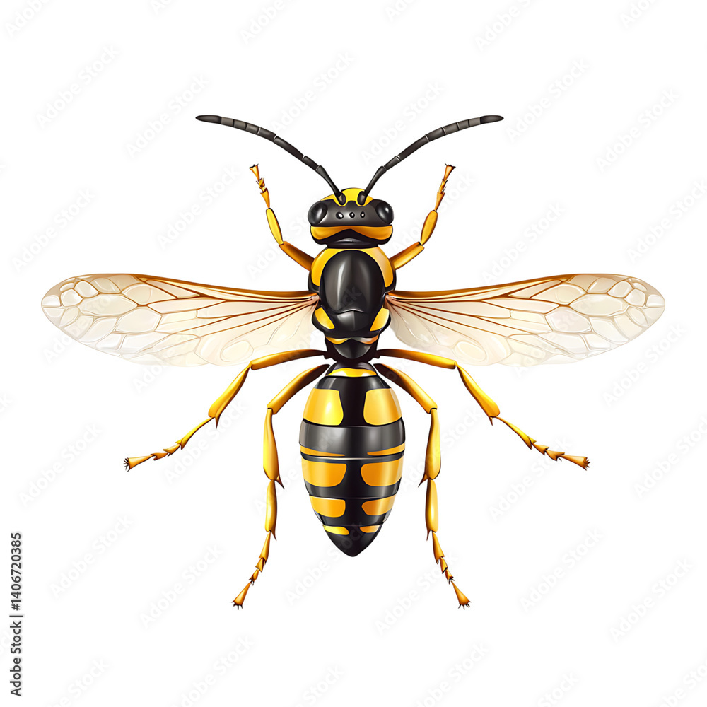 Yellow and black striped wasp with extended wings and fine leg and body details shown isolated on transparent background without any shadows or additional objects