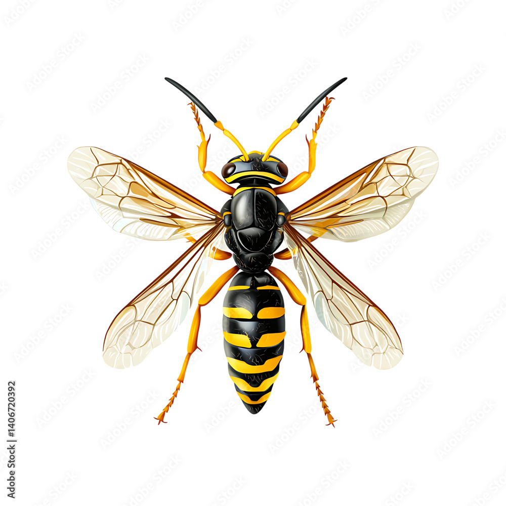Yellow and black striped wasp with extended wings and fine leg and body details shown isolated on transparent background without any shadows or additional objects