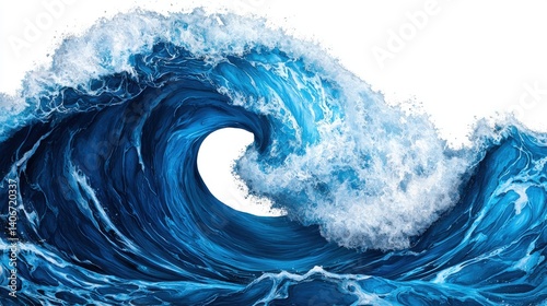 Dynamic Ocean Wave with Turbulent Blue Water and White Foam Against a Blank Background