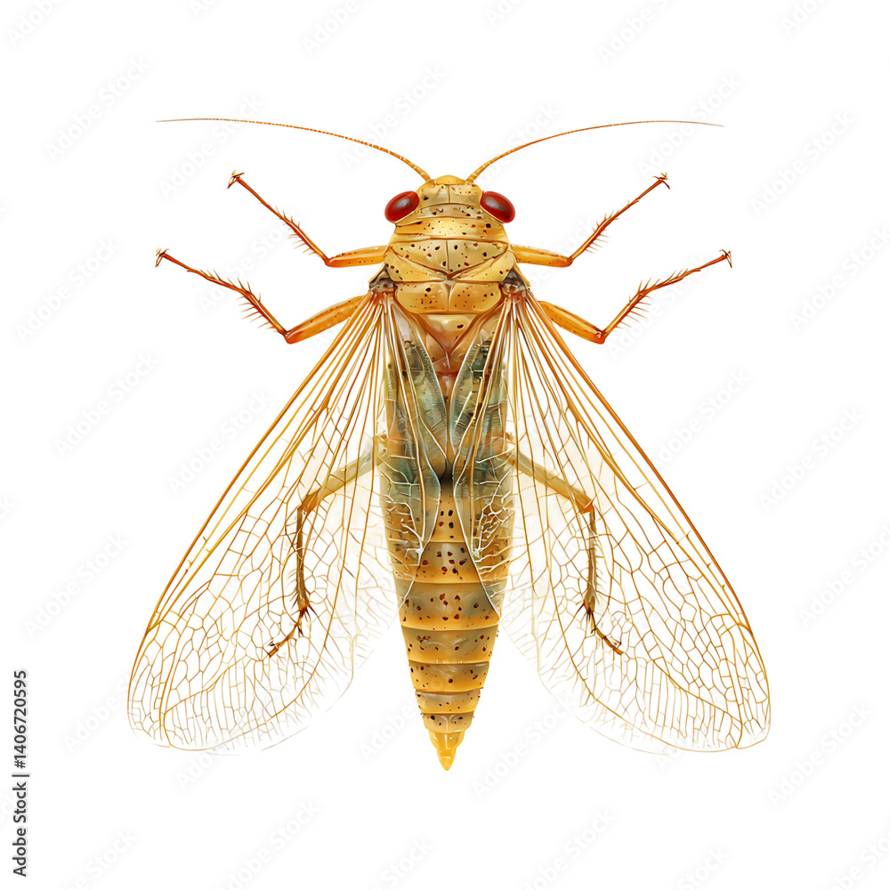 Highly detailed psyllid insect with thin translucent wings and small body displayed from top view on a clear transparent background without shadow or surrounding objects