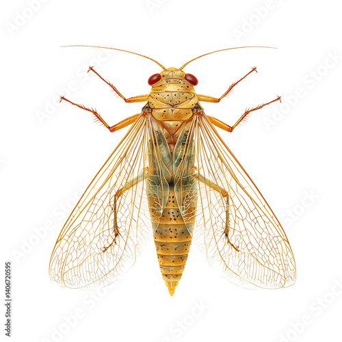 Obraz na płótnie Highly detailed psyllid insect with thin translucent wings and small body displayed from top view on a clear transparent background without shadow or surrounding objects w salonie