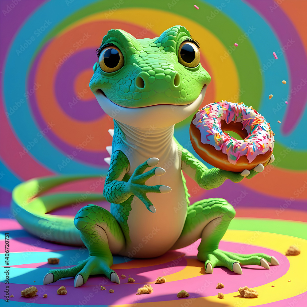 Fototapeta premium Fun lizard with a donut