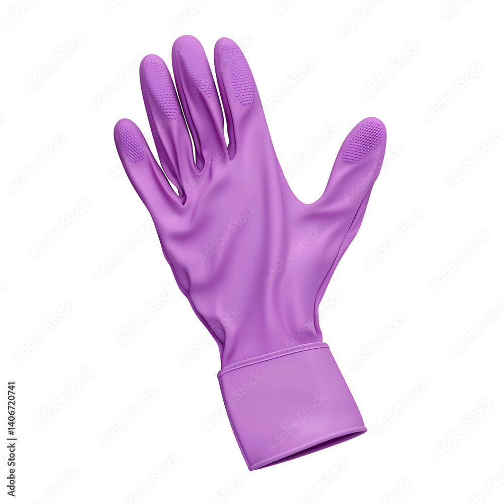 Realistic purple glove with textured grip on fingers and palm shown upright and isolated on a transparent background without any branding or shadow present