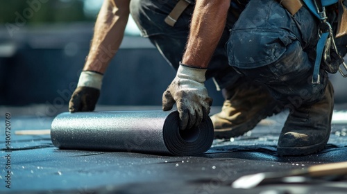 Roofing contractor applying roof underlayment for a commercial building. Featuring attention to detail and weatherproofing