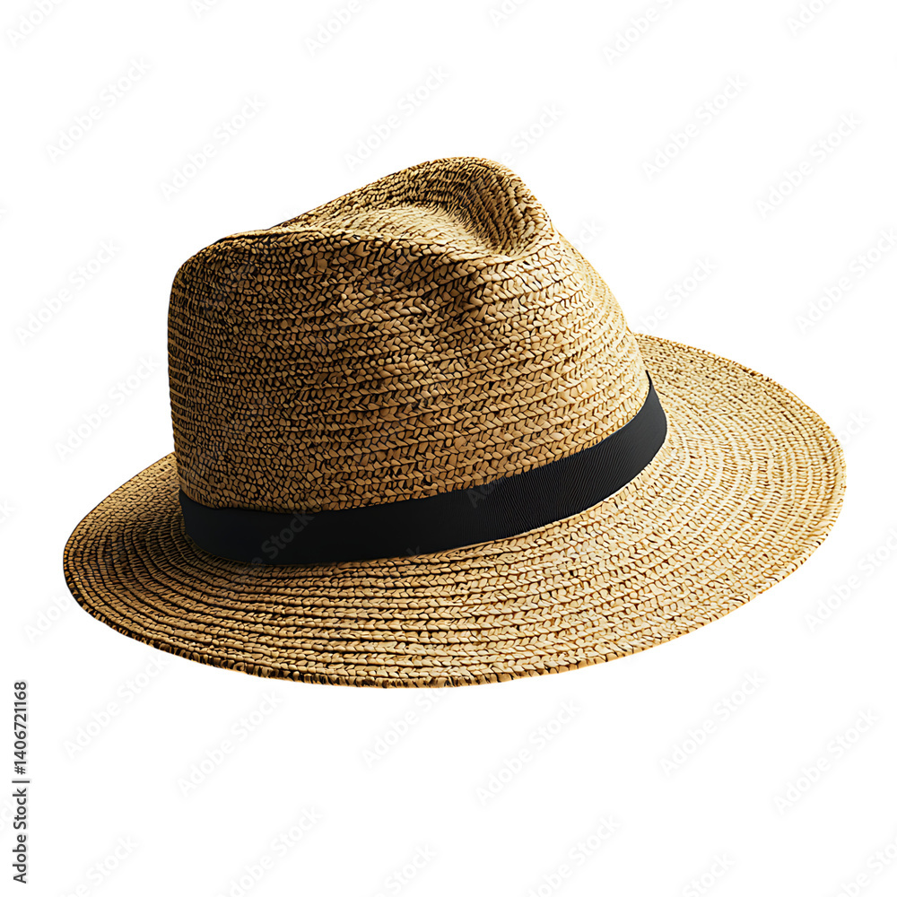Realistic woven straw sunhat with indented crown wide brim and a black band shown isolated on a clean transparent background with no shadows or surrounding elements
