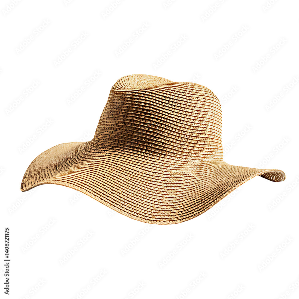 Realistic woven straw sunhat with indented crown wide brim and a black band shown isolated on a clean transparent background with no shadows or surrounding elements