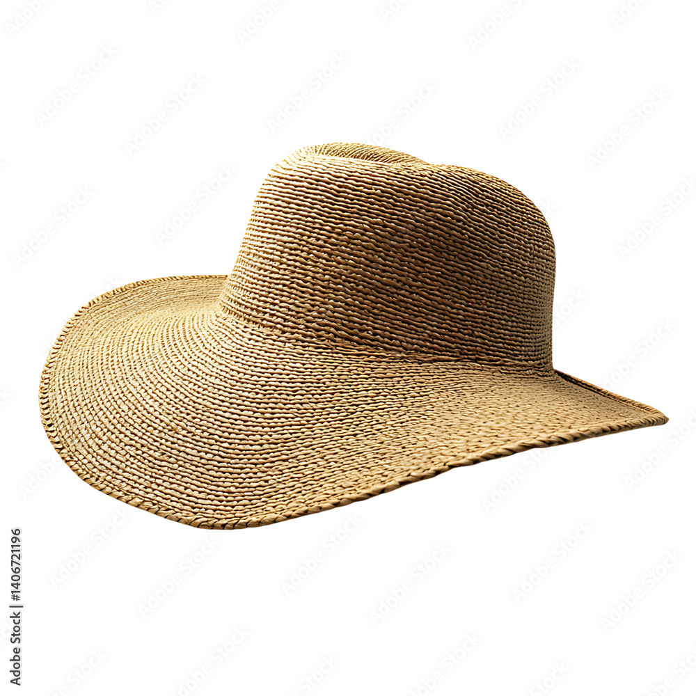 Realistic woven straw sunhat with indented crown wide brim and a black band shown isolated on a clean transparent background with no shadows or surrounding elements